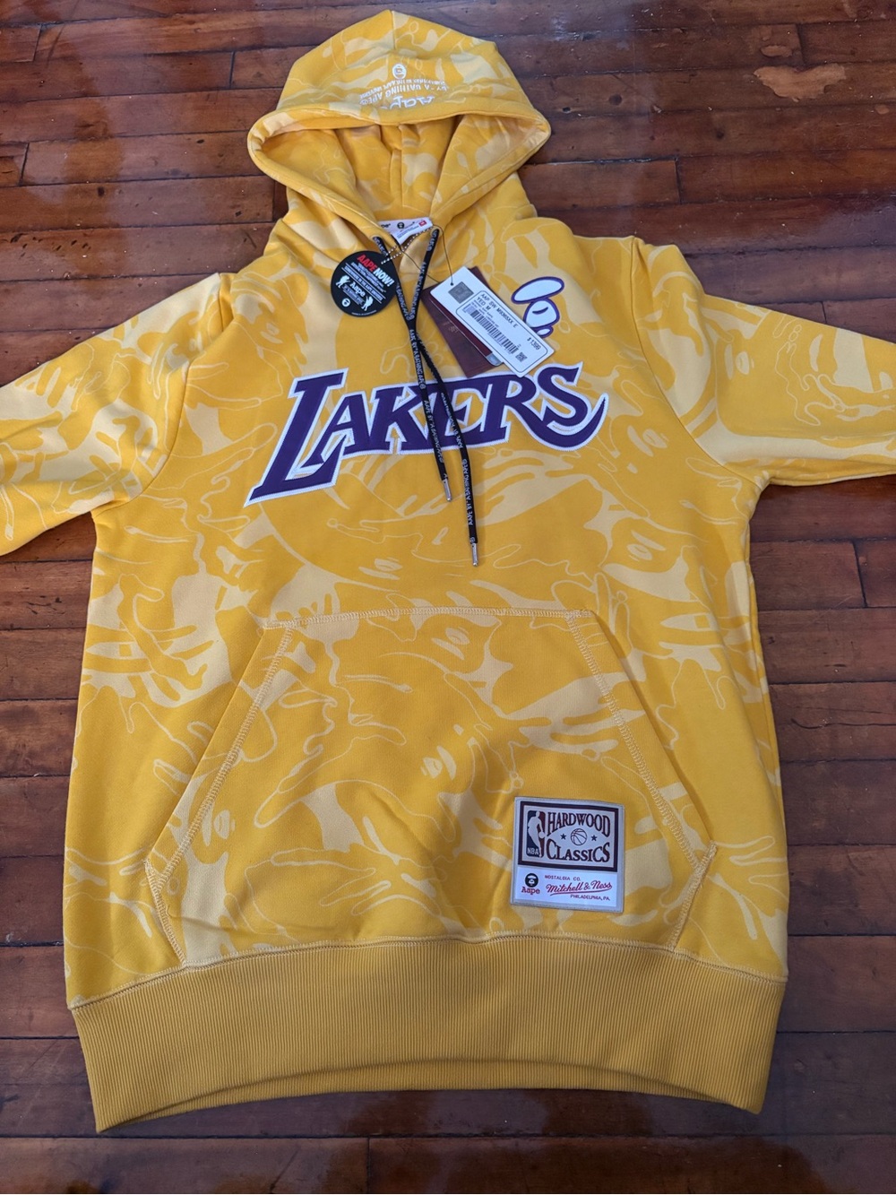 Mitchell & Ness Yellow Lakers bape Pullover Hoodie with Purple Logo